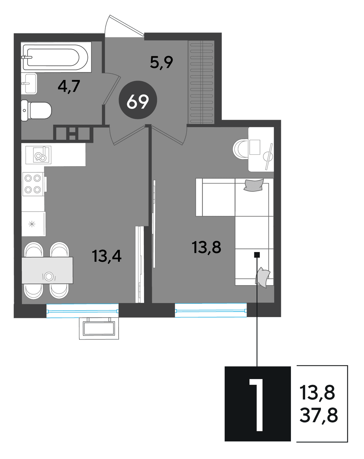 1-к, 37.8 м² · Парк Победы-2