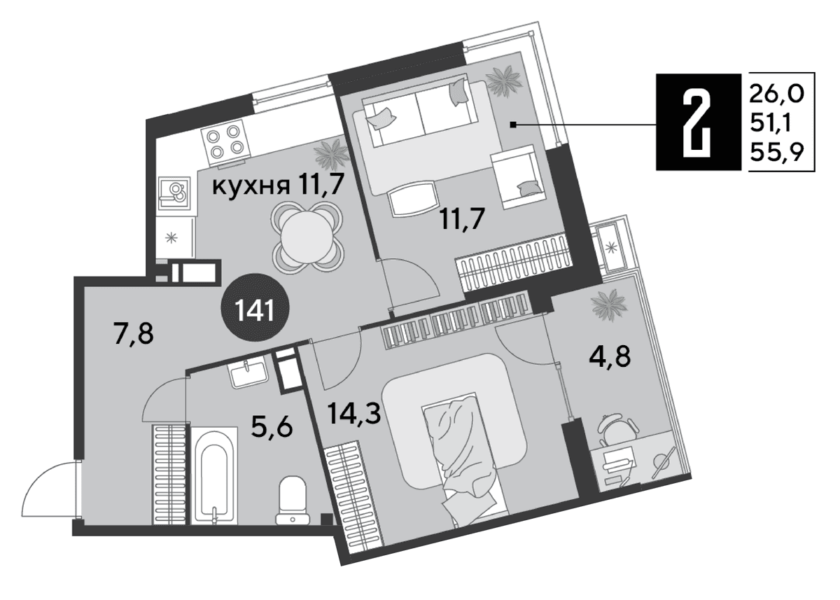 2-к, 55.9 м² · Парк Победы-2