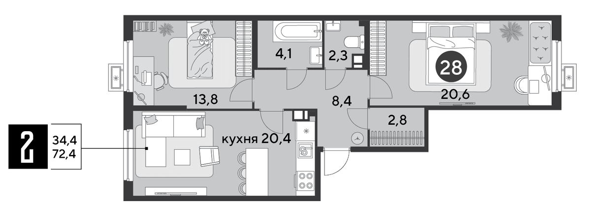 2-к, 72.4 м² · Парк Победы-2