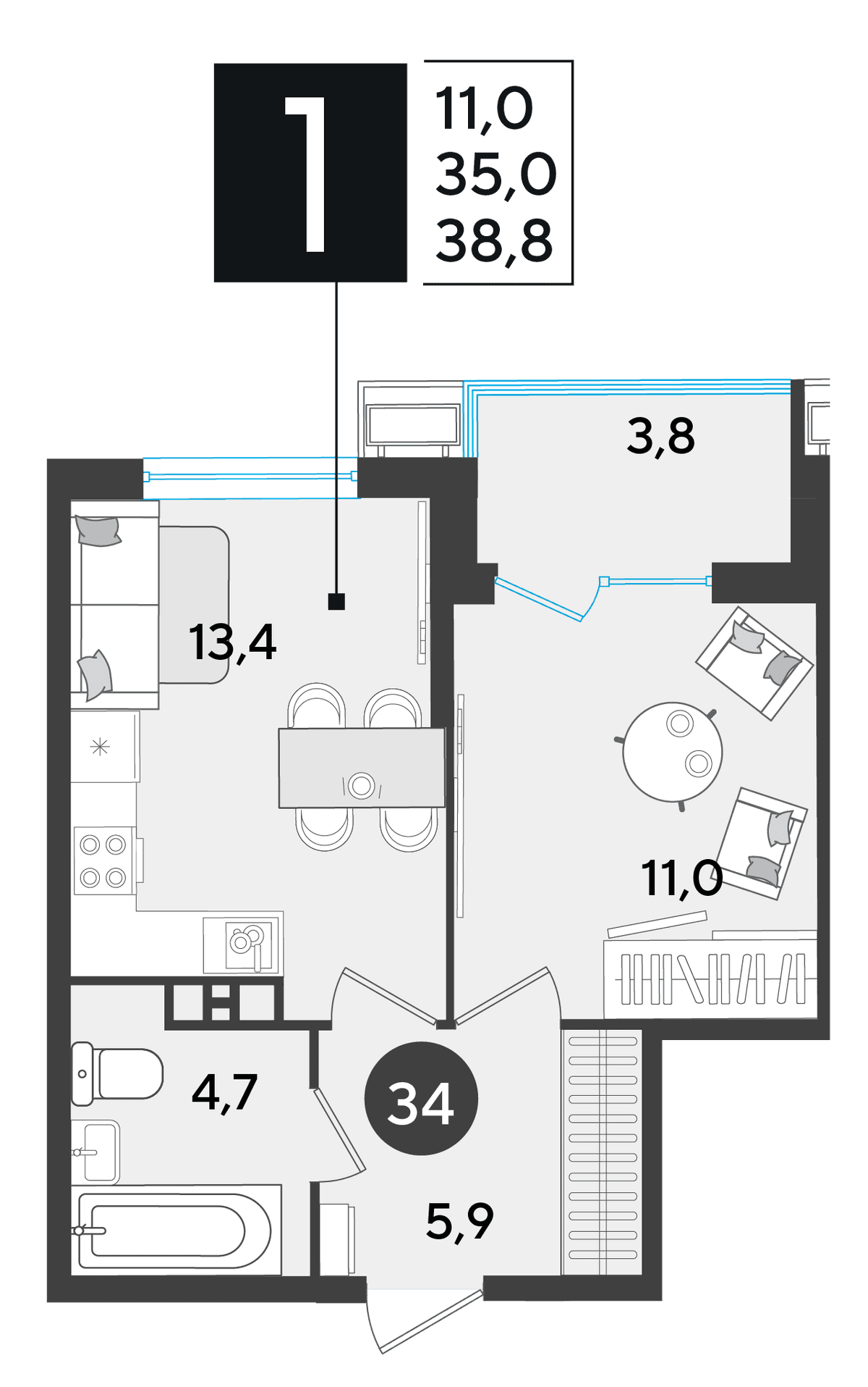 1-к, 38.8 м² · Парк Победы-2
