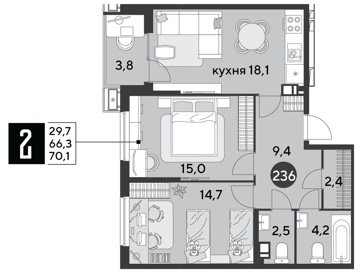 2-к, 70.1 м² · Парк Победы-2