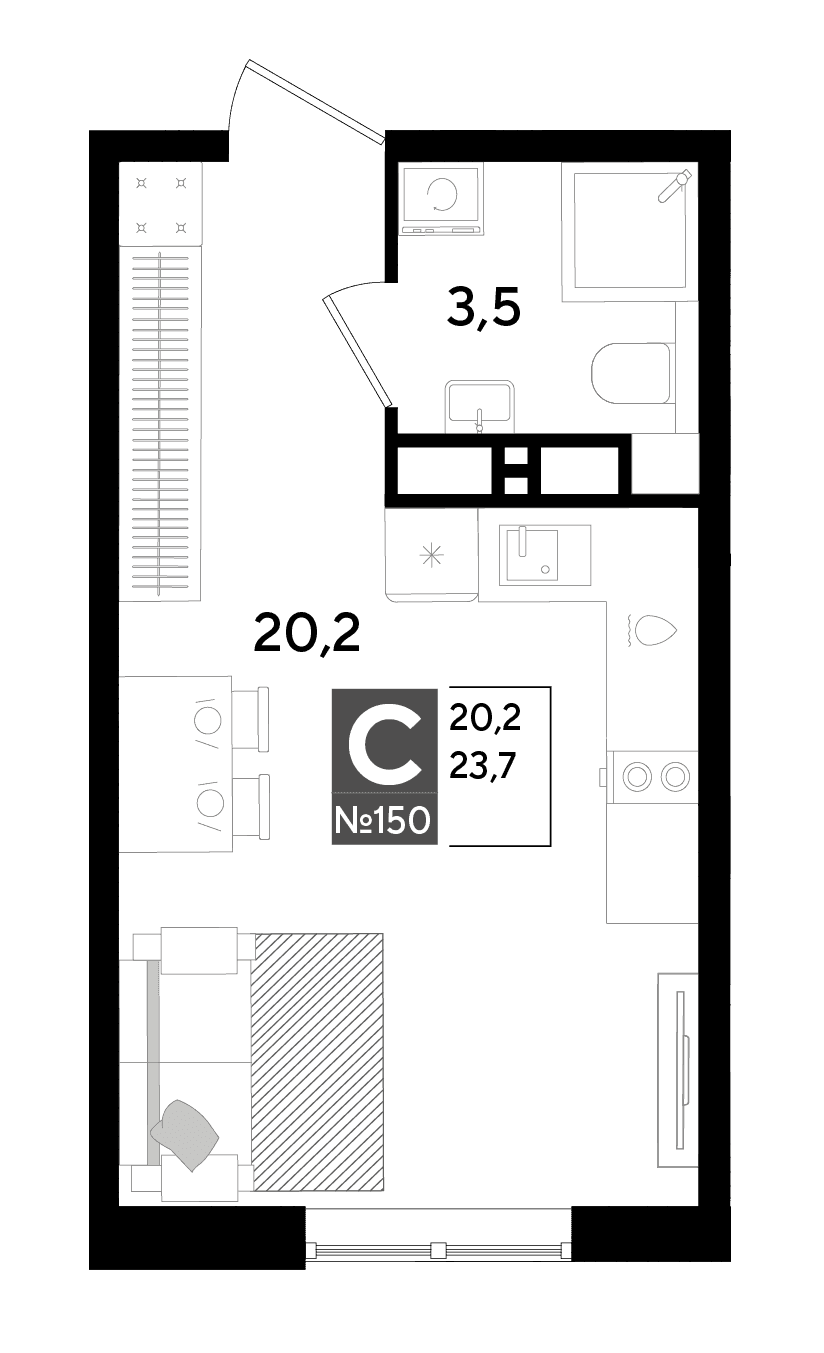 Студия, 23.7 м² · Парк Победы-2