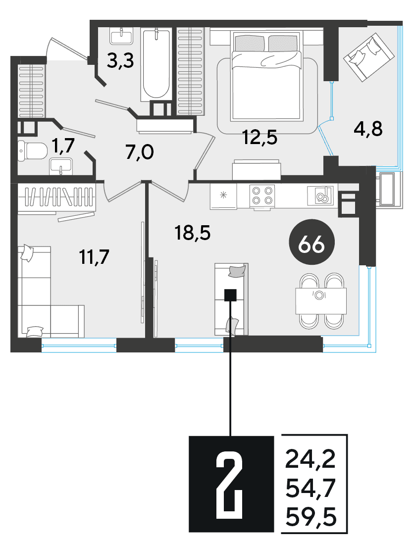 2-к, 59.5 м² · Парк Победы-2