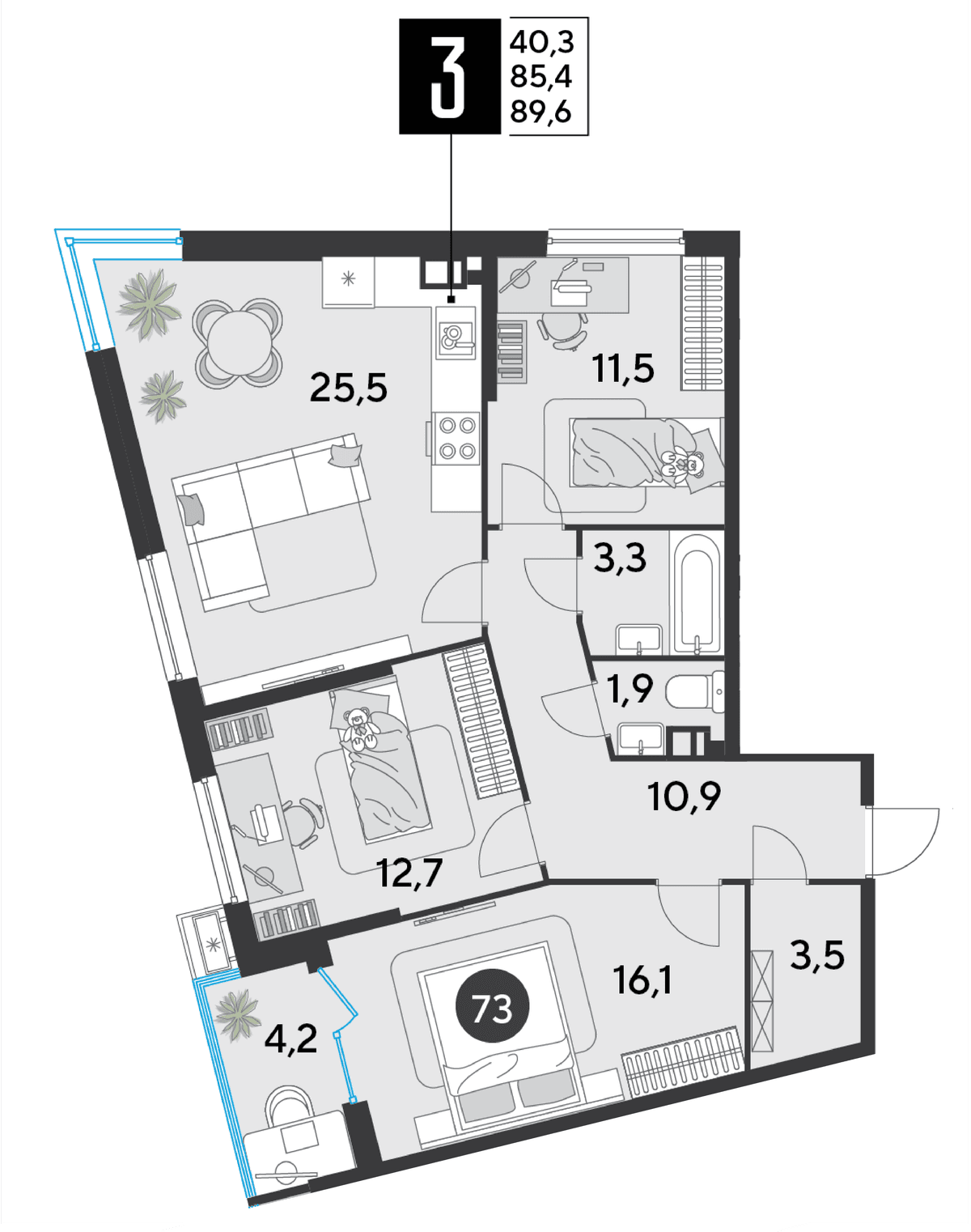 3-к, 89.6 м² · Парк Победы-2
