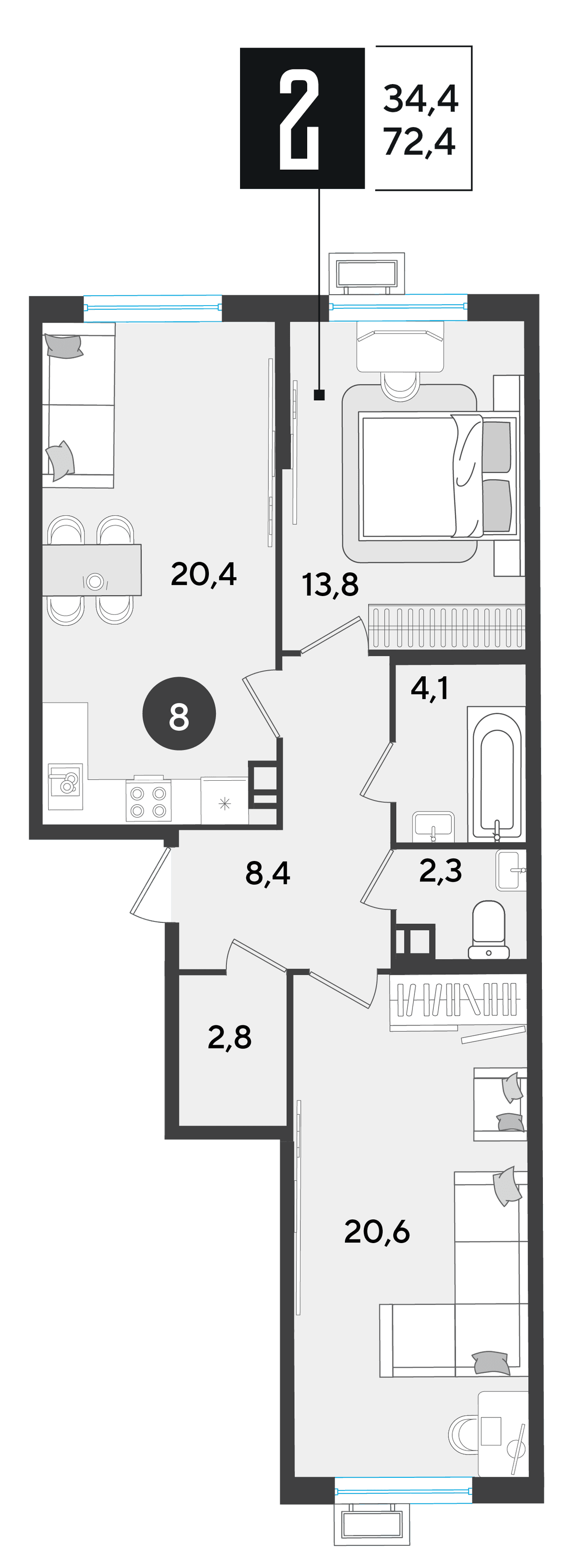 2-к, 72.4 м² · Парк Победы-2