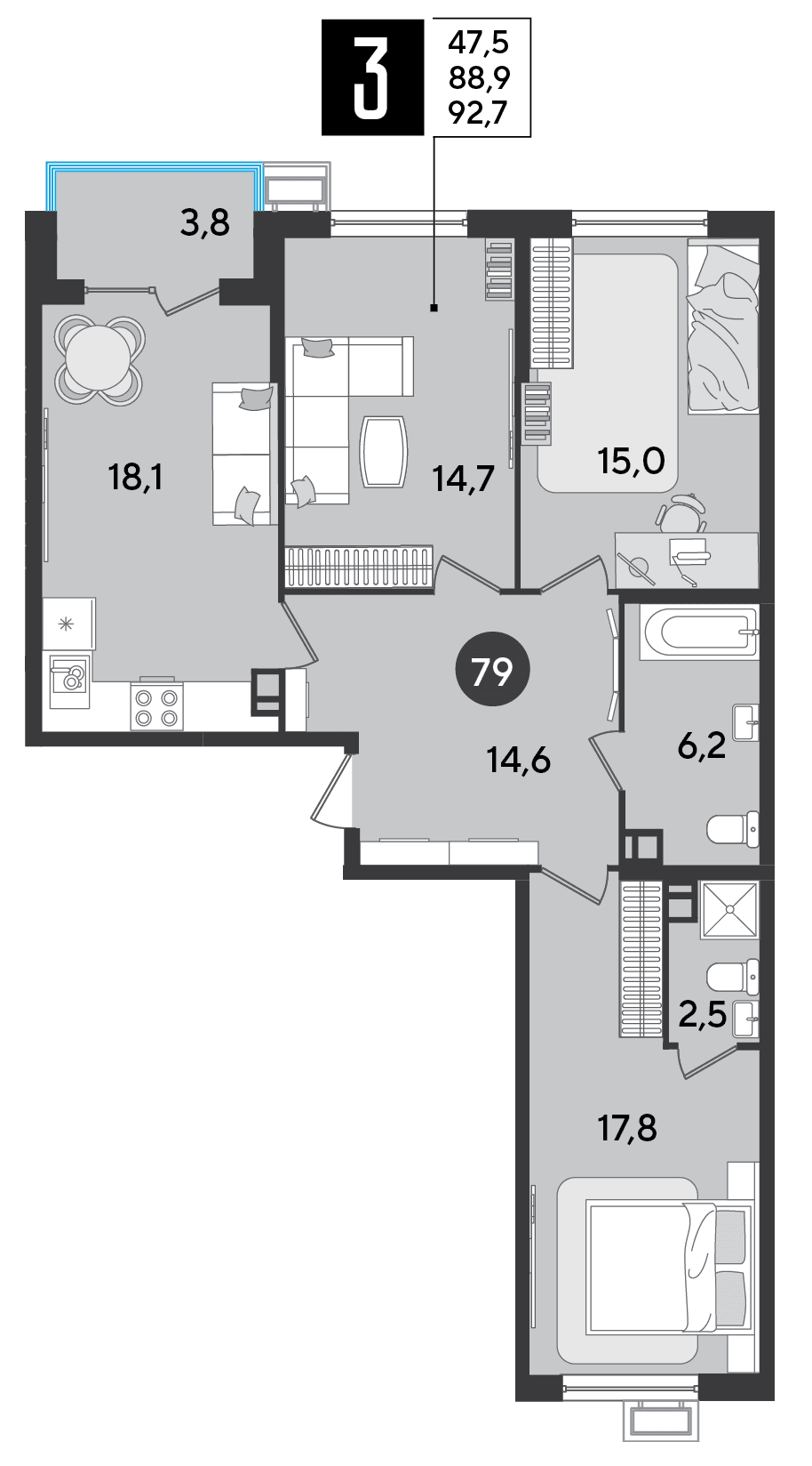 3-к, 92.7 м² · Парк Победы-2