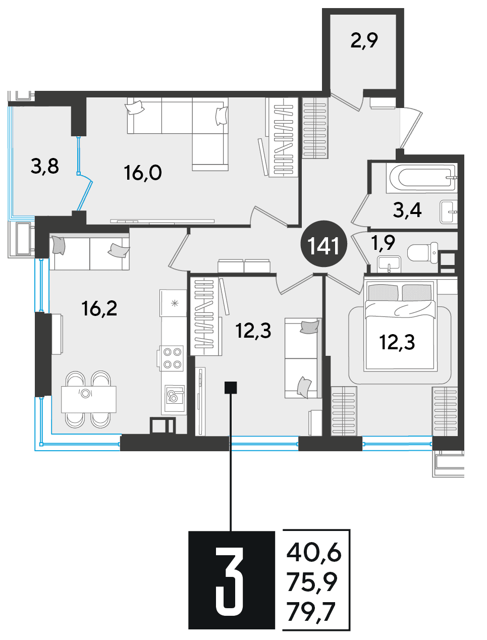 3-к, 79.7 м² · Парк Победы-2