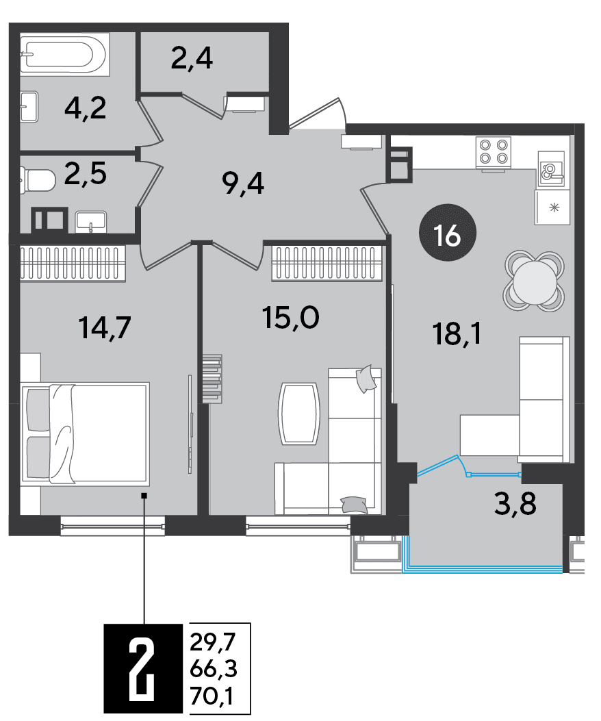 2-к, 70.1 м² · Парк Победы-2