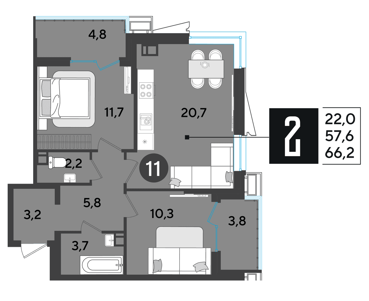 2-к, 66.6 м² · Парк Победы-2