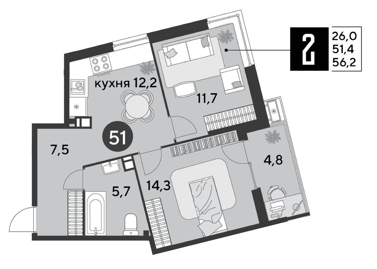 2-к, 56.2 м² · Парк Победы-2