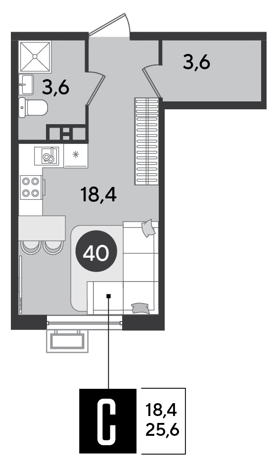 Студия, 25.6 м² · Парк Победы-2