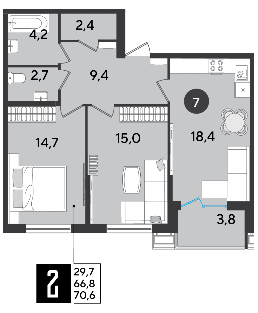 2-к, 70.6 м² · Парк Победы-2
