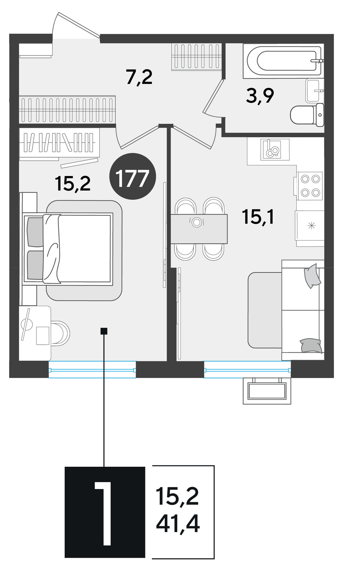 1-к, 41.4 м² · Парк Победы-2