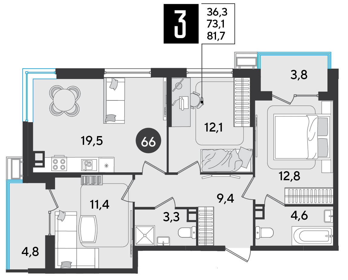 3-к, 81.7 м² · Парк Победы-2
