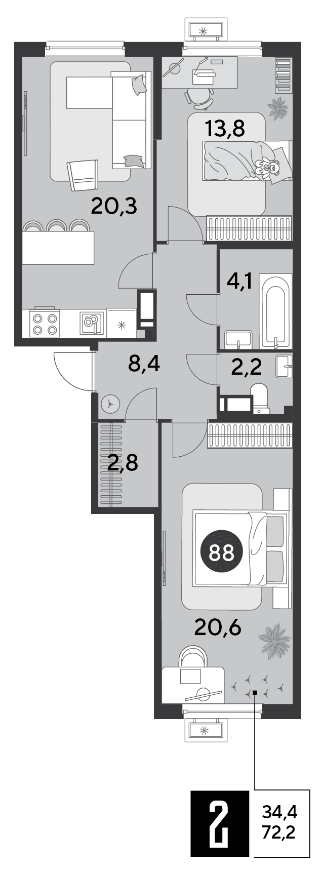 2-к, 72.2 м² · Парк Победы-2
