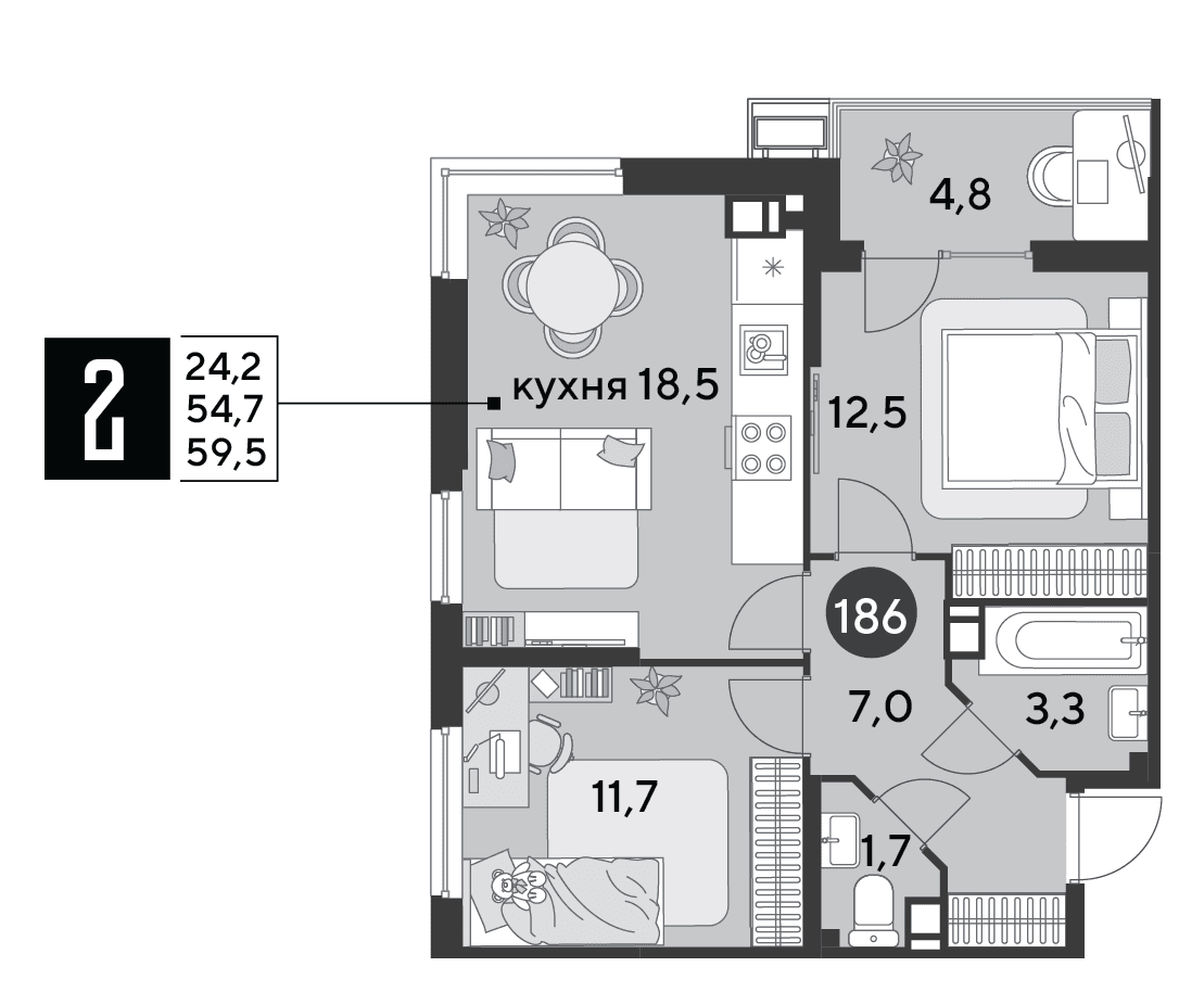 2-к, 59.5 м² · Парк Победы-2