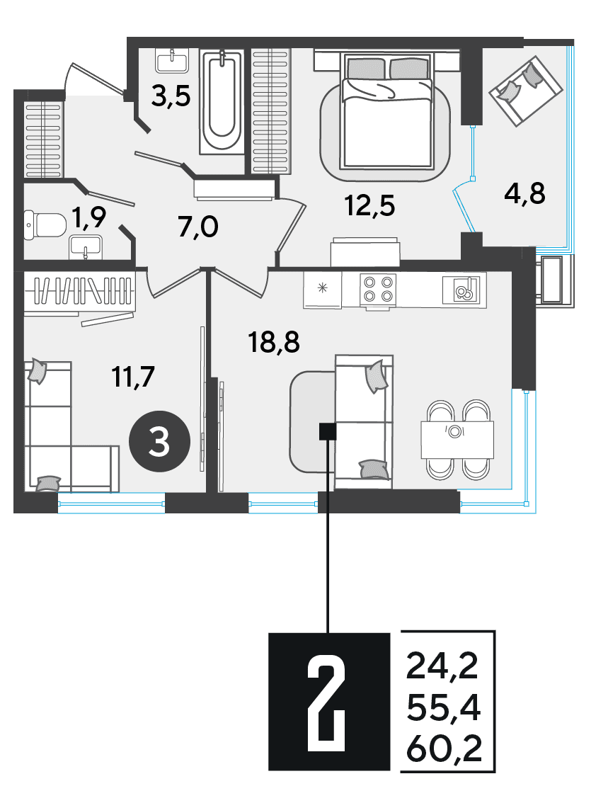 2-к, 60.2 м² · Парк Победы-2