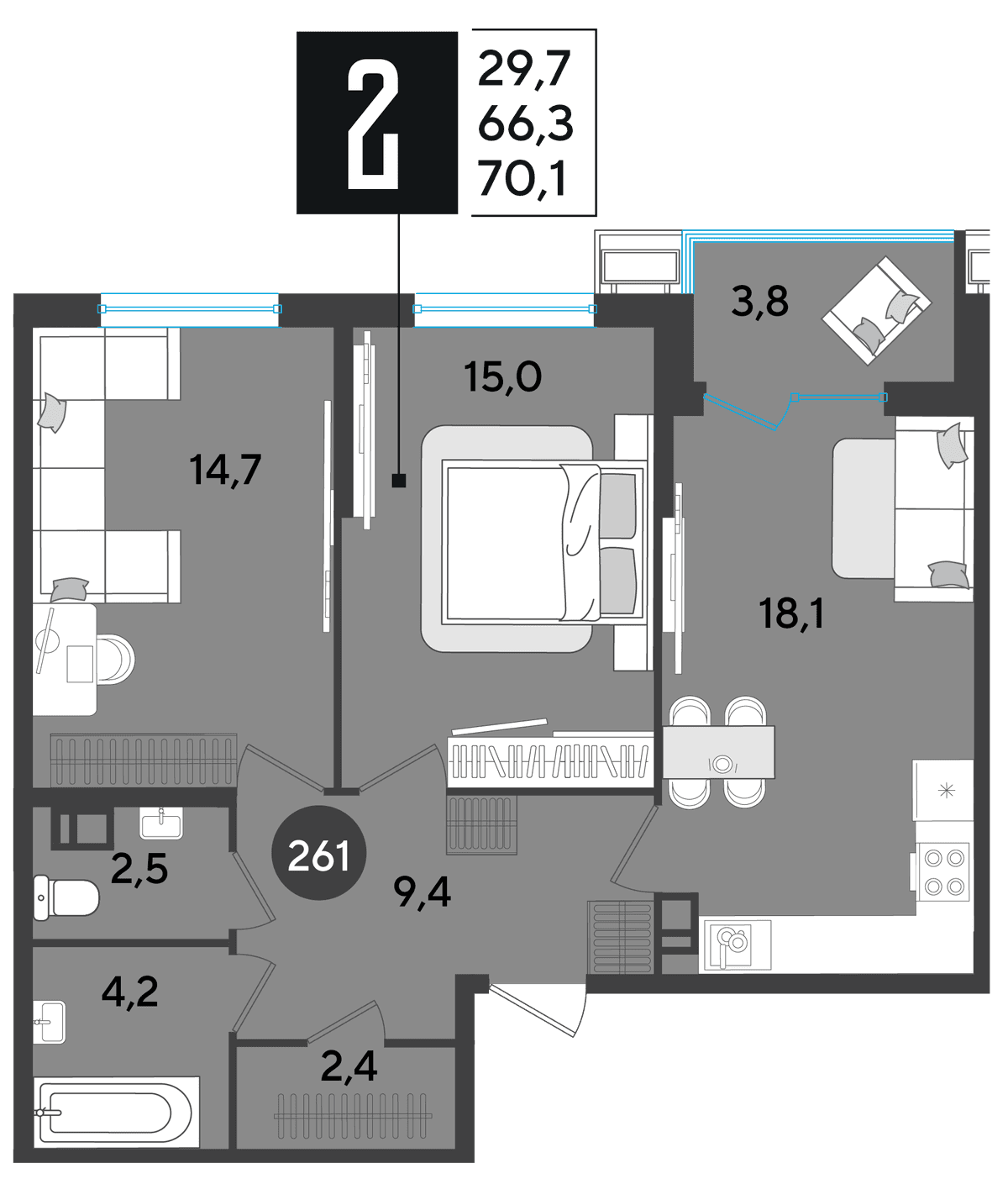 2-к, 70.1 м² · Парк Победы-2