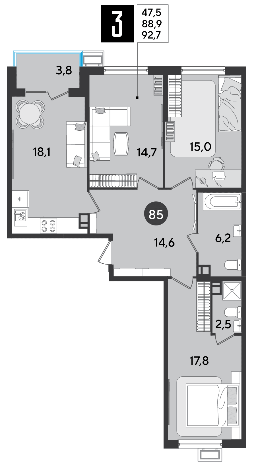3-к, 92.7 м² · Парк Победы-2