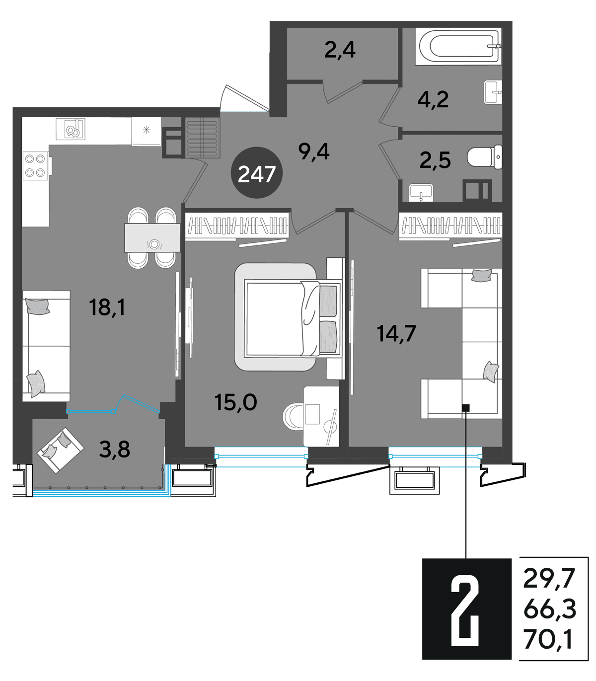 2-к, 70 м² · Парк Победы-2