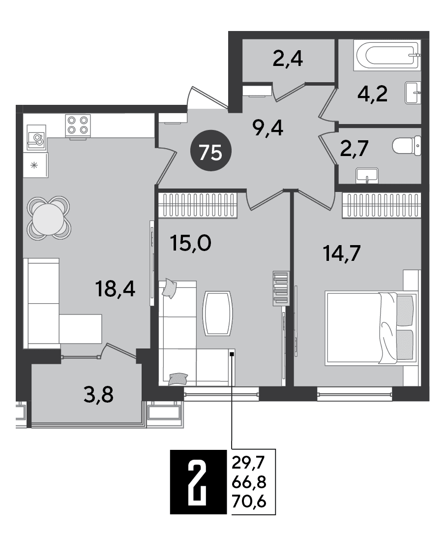 2-к, 70.6 м² · Парк Победы-2