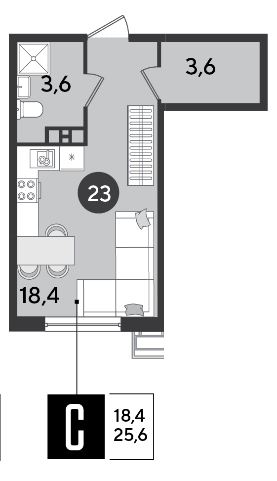 Студия, 25.6 м² · Парк Победы-2