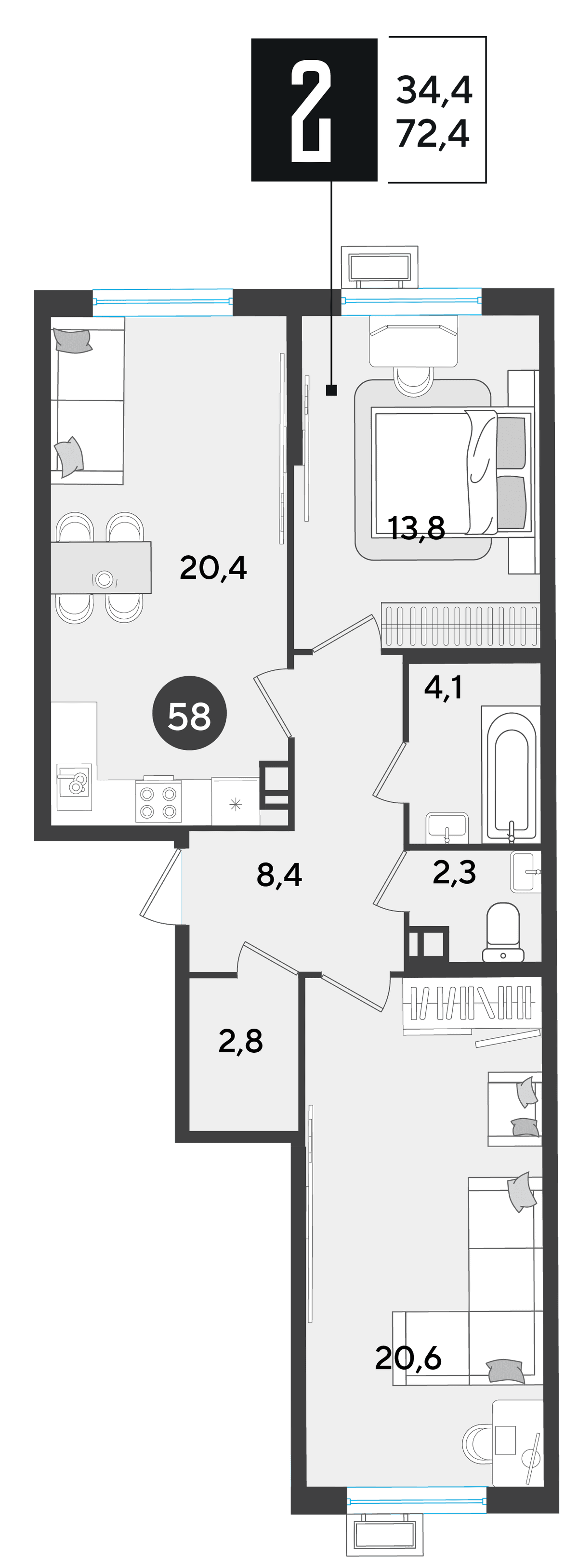 2-к, 72.4 м² · Парк Победы-2