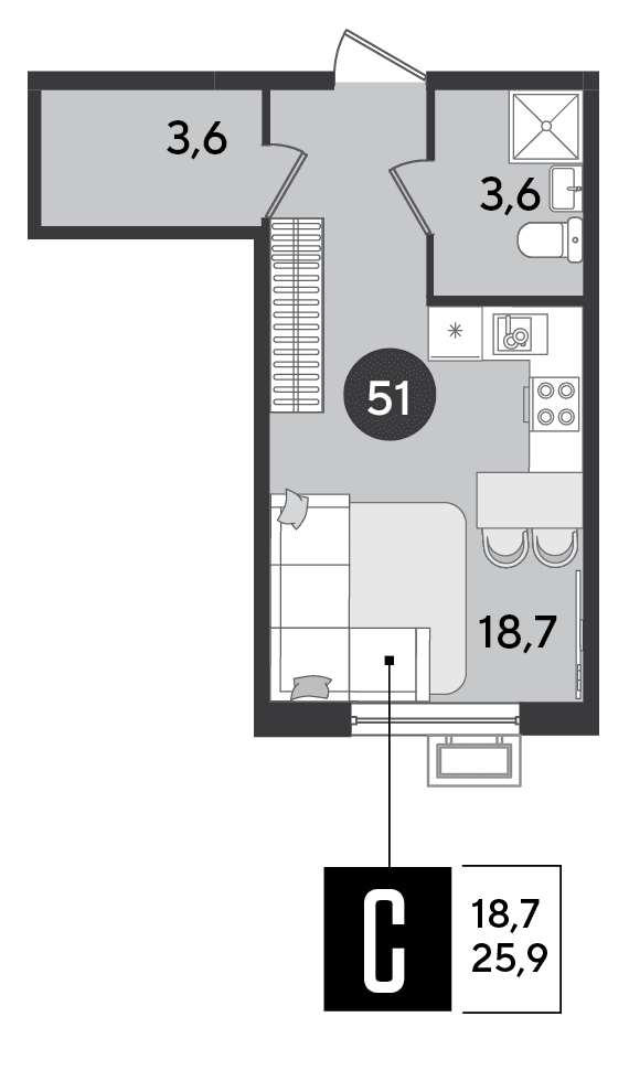 Студия, 25.9 м² · Парк Победы-2