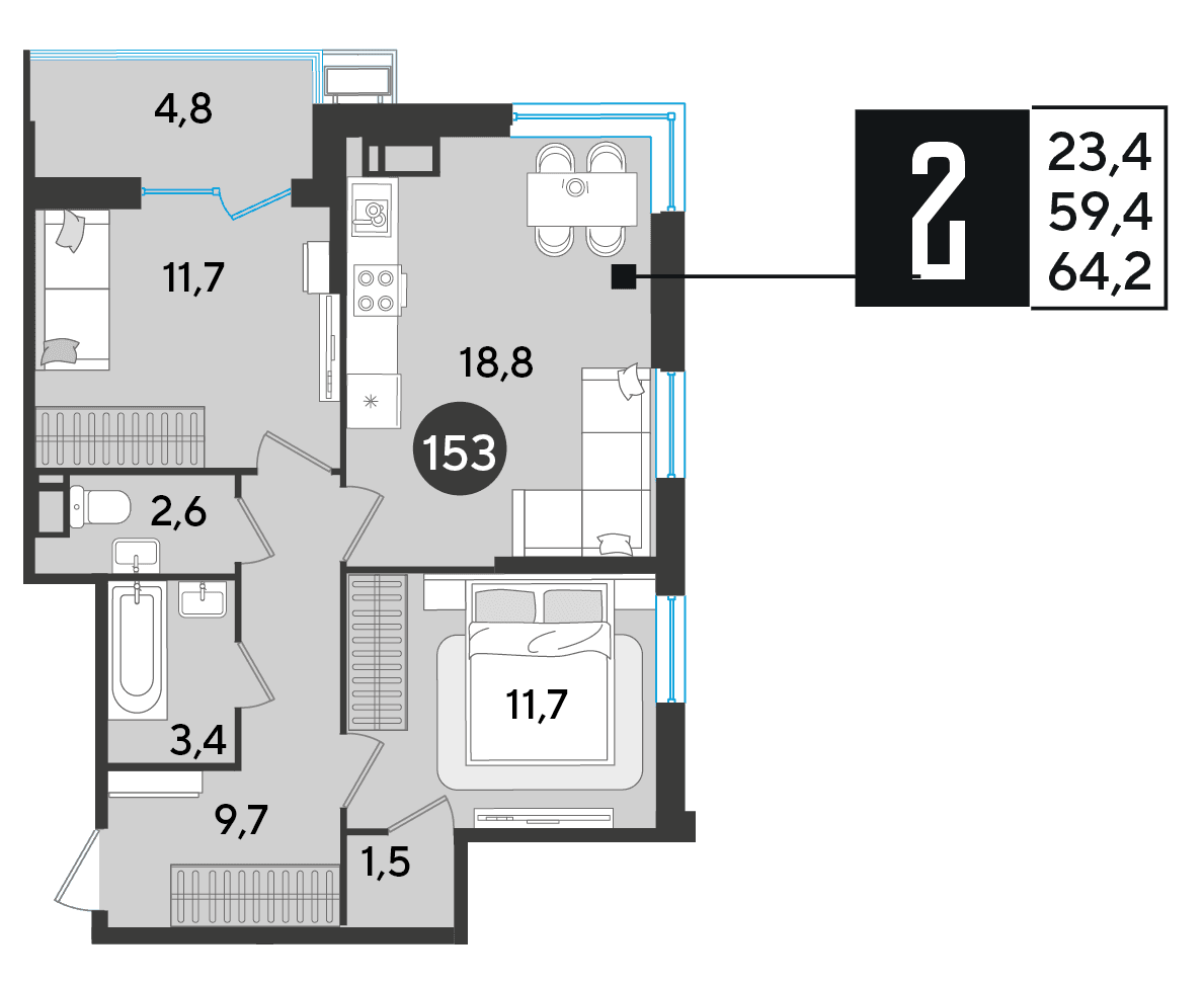 2-к, 64.2 м² · Парк Победы-2