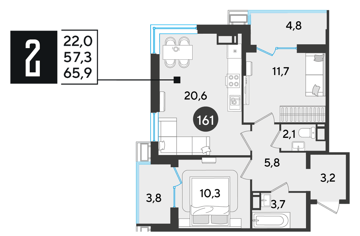 2-к, 65.9 м² · Парк Победы-2