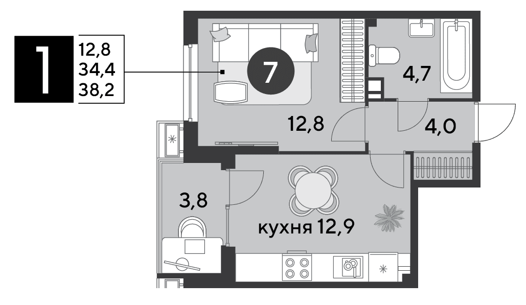 1-к, 38.2 м² · Парк Победы-2