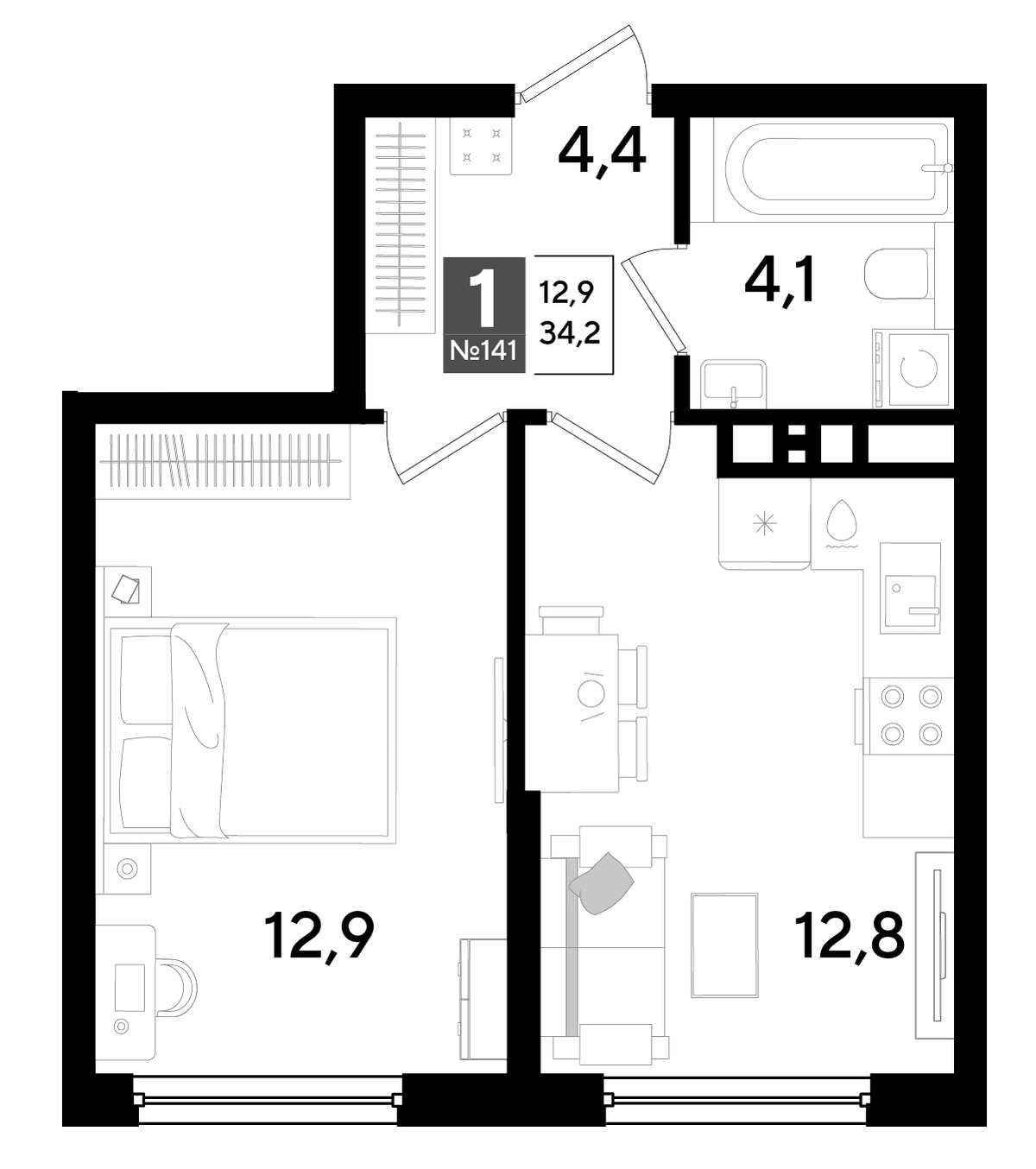 1-к, 34.2 м² · DОГМА ПАРК