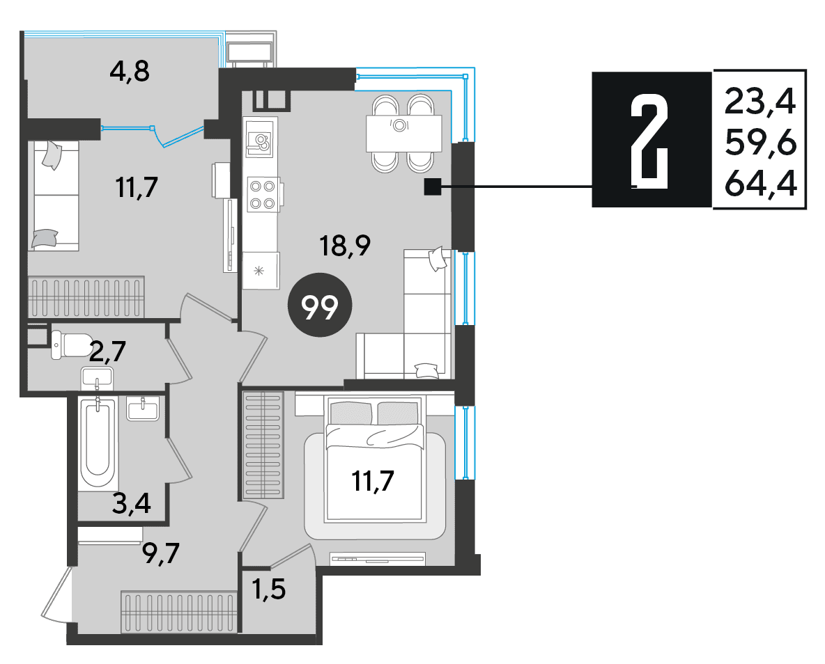2-к, 64.4 м² · Парк Победы-2