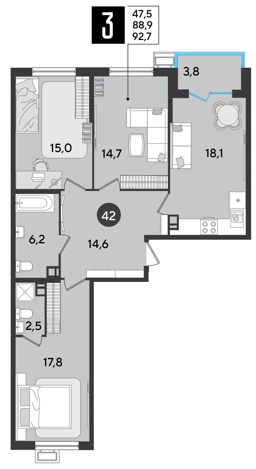 3-к, 92.7 м² · Парк Победы-2