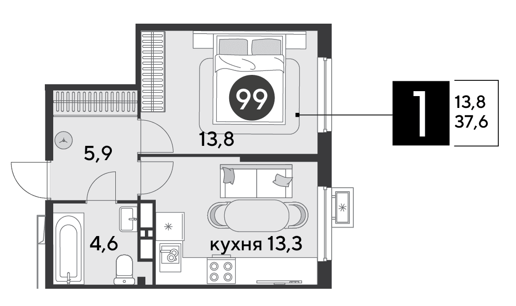 1-к, 37.6 м² · Парк Победы-2