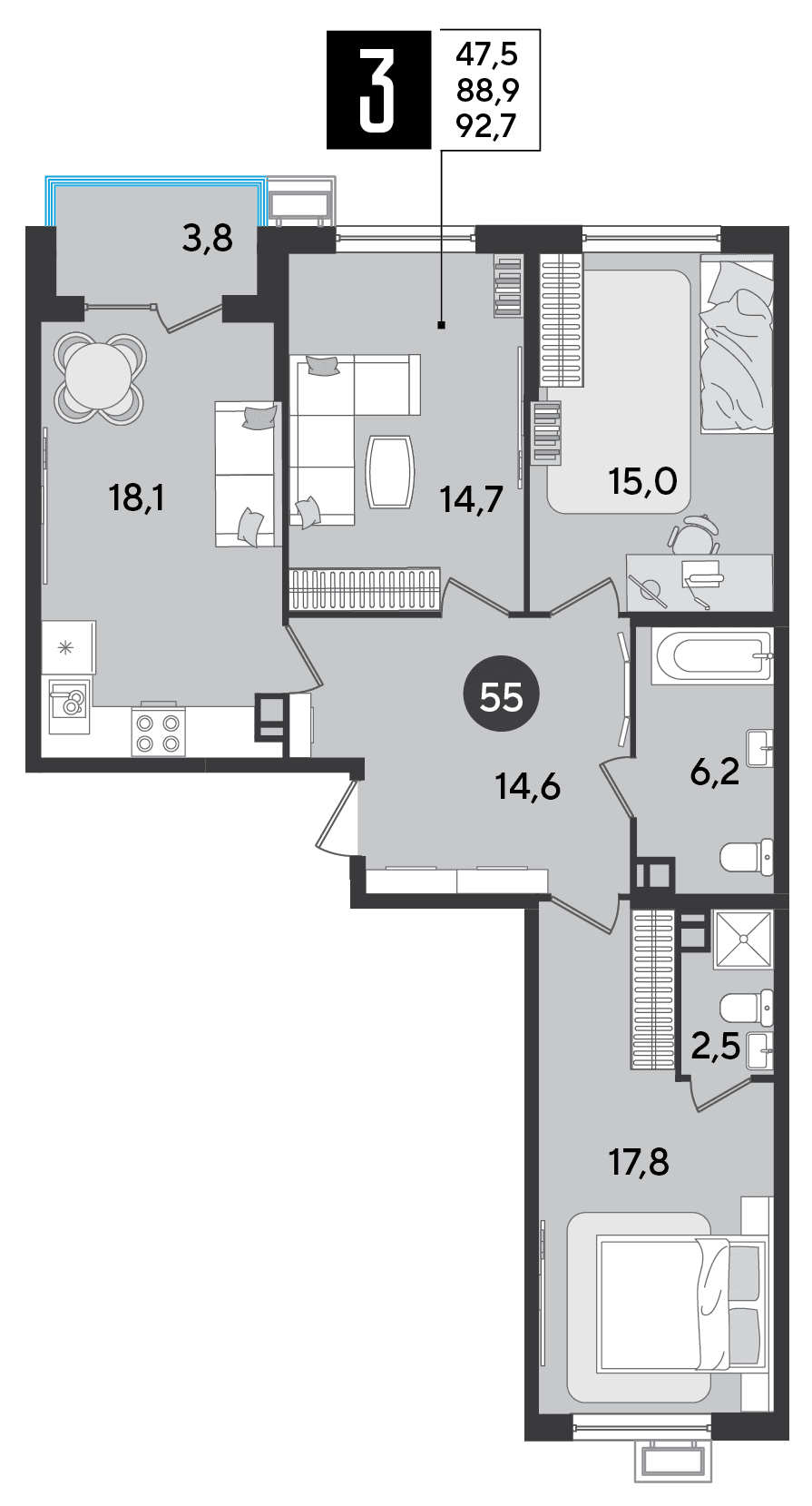 3-к, 92.7 м² · Парк Победы-2