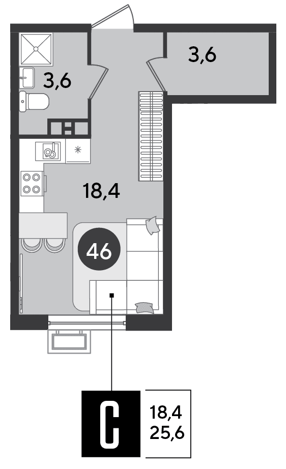 Студия, 25.6 м² · Парк Победы-2