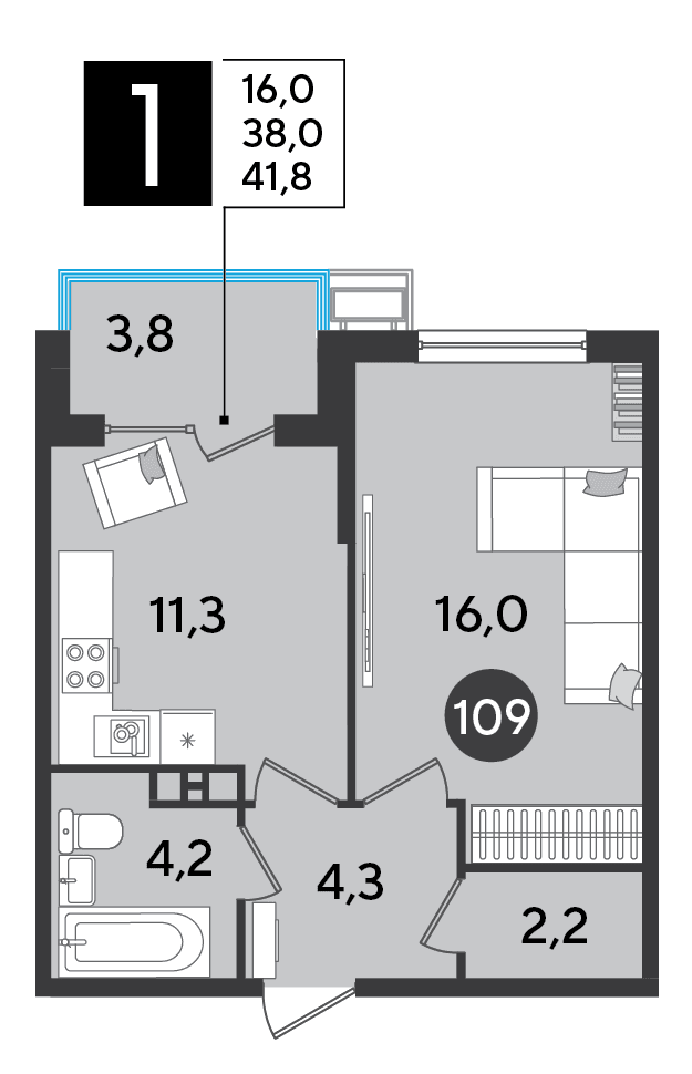 1-к, 41.8 м² · Парк Победы-2