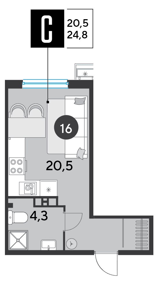 Студия, 24.8 м² · Парк Победы-2