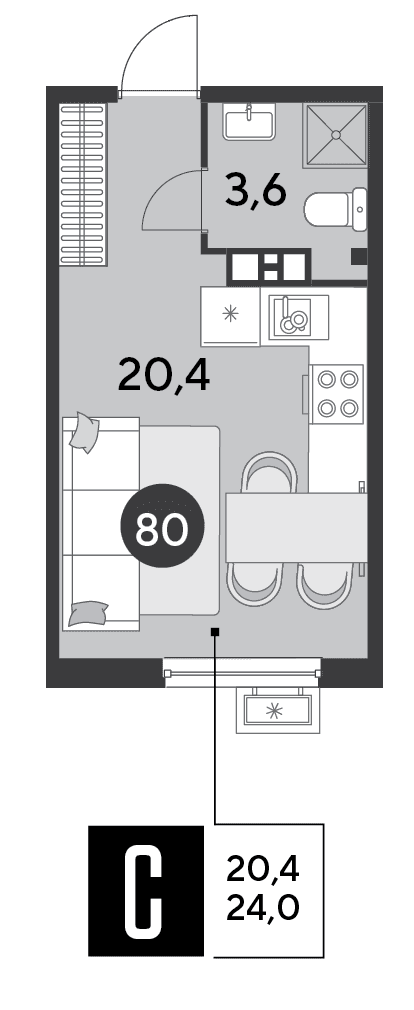 Студия, 24 м² · Парк Победы-2