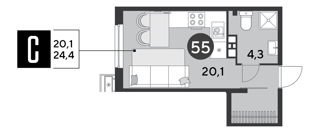 Студия, 24.4 м² · Парк Победы-2