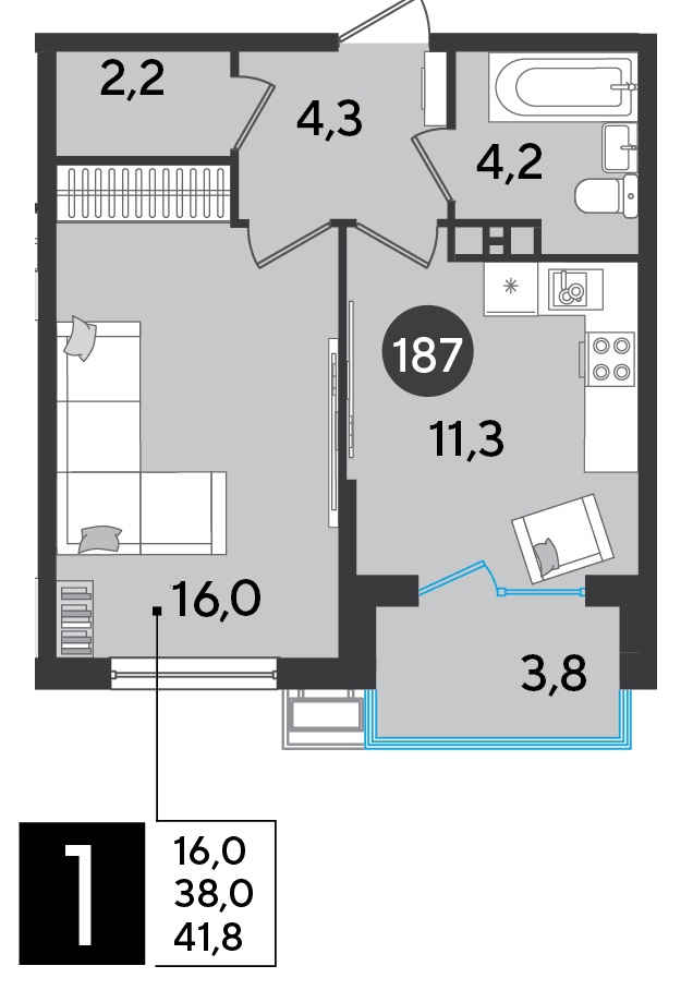1-к, 41.8 м² · Парк Победы-2