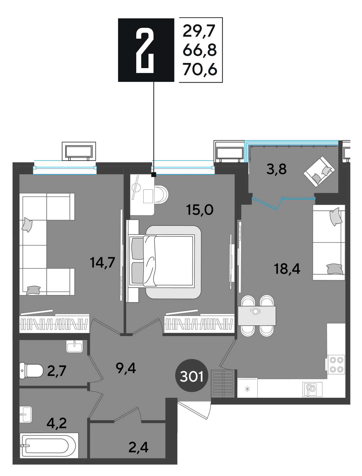 2-к, 70.6 м² · Парк Победы-2