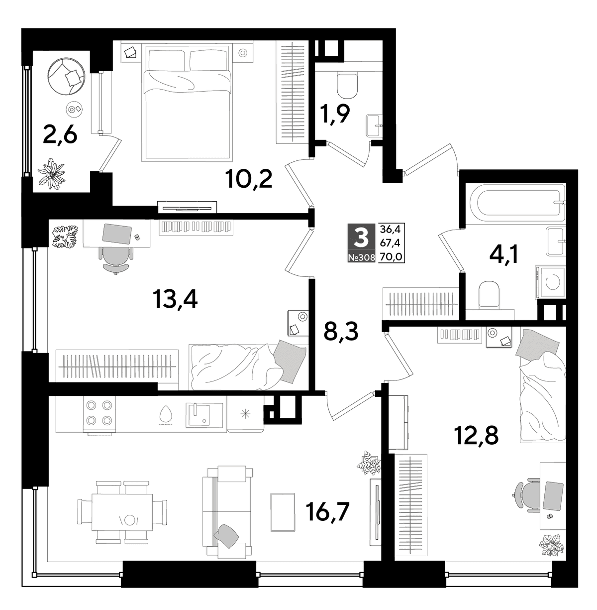 3-к, 70 м² · DОГМА ПАРК