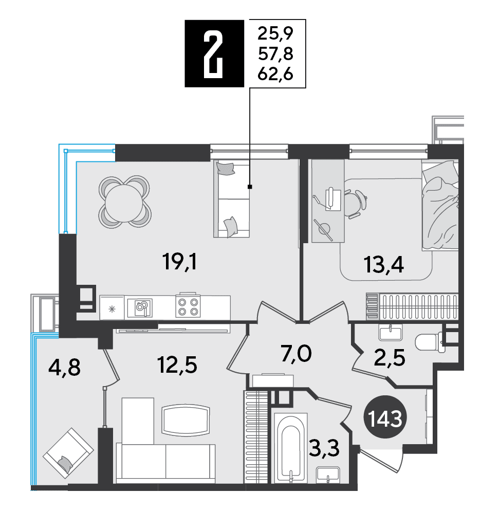 2-к, 62.6 м² · Парк Победы-2