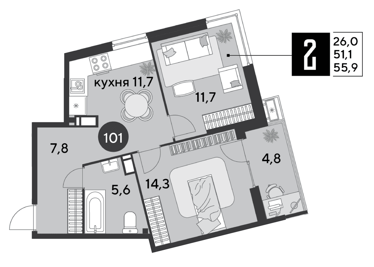 2-к, 55.9 м² · Парк Победы-2