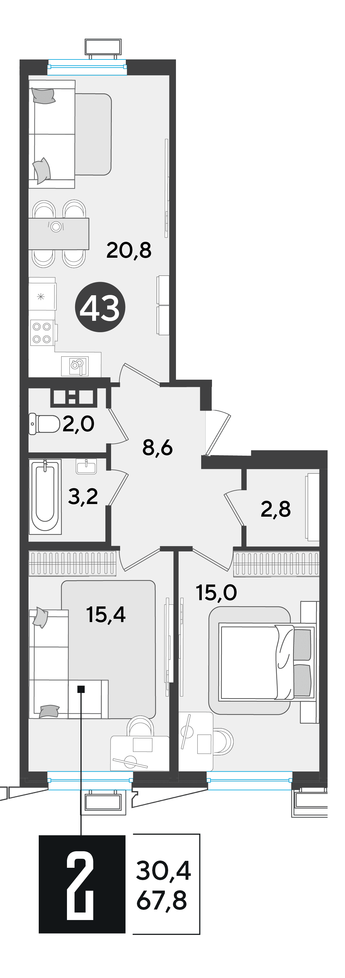 2-к, 66.7 м² · Парк Победы-2