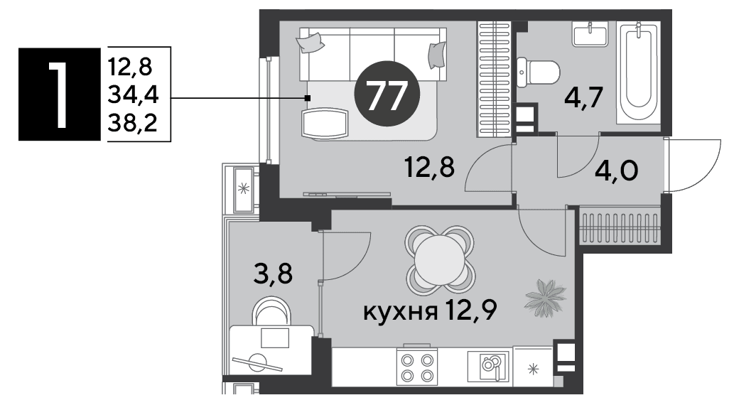1-к, 38.2 м² · Парк Победы-2