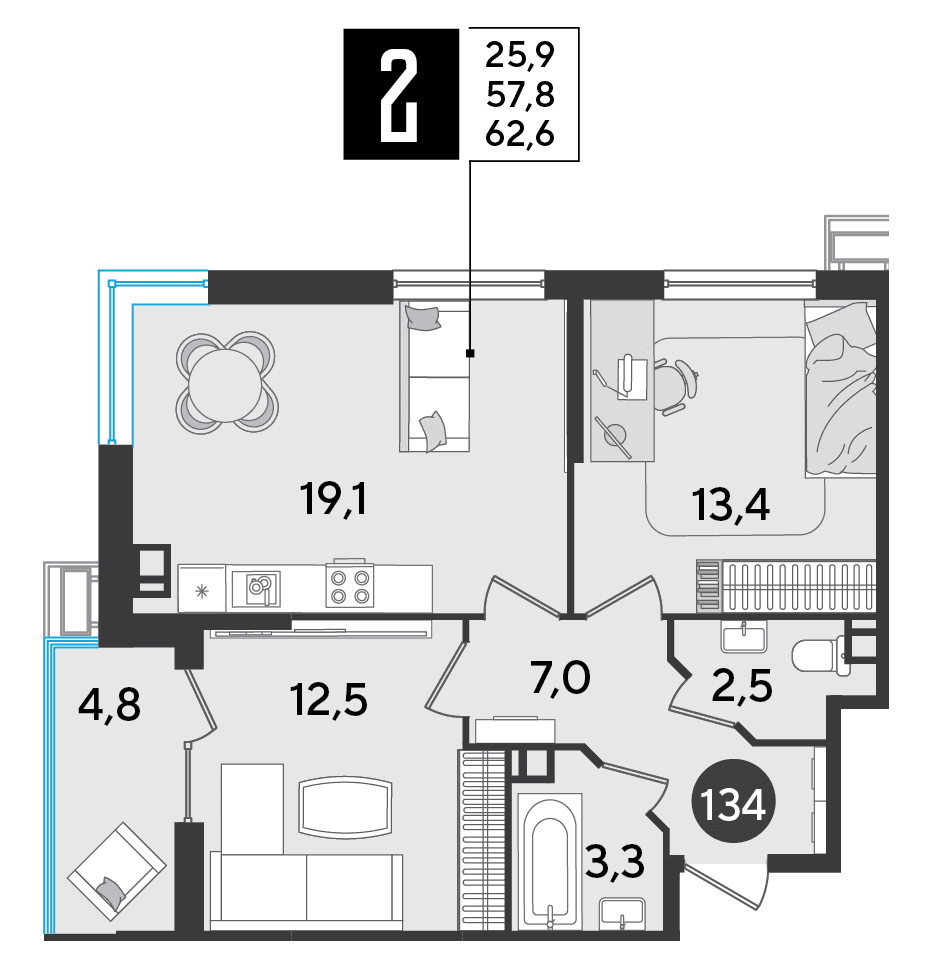 2-к, 62.6 м² · Парк Победы-2