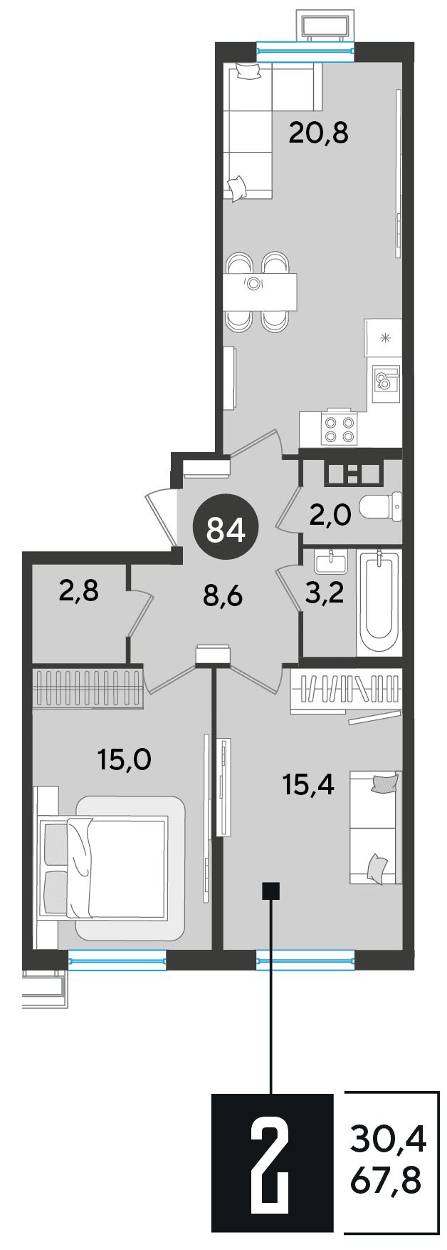 2-к, 67.8 м² · Парк Победы-2